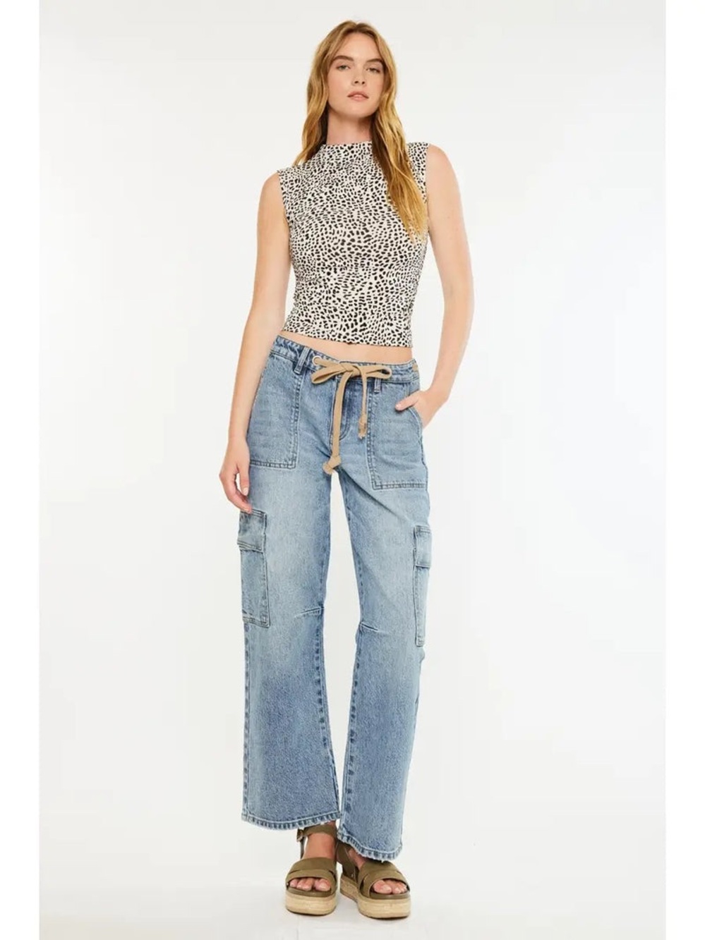 NWT KanCan Light Blue Wide-Leg Cargo Jeans with Tie Waist